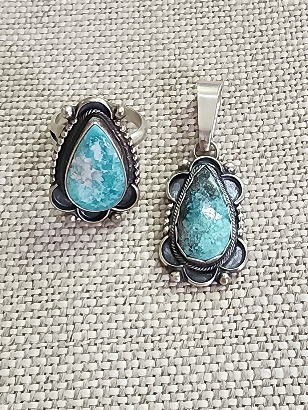 Native Whitewater Turquoise Teardrop Ring and Pendant Set - Blue Green Stones
